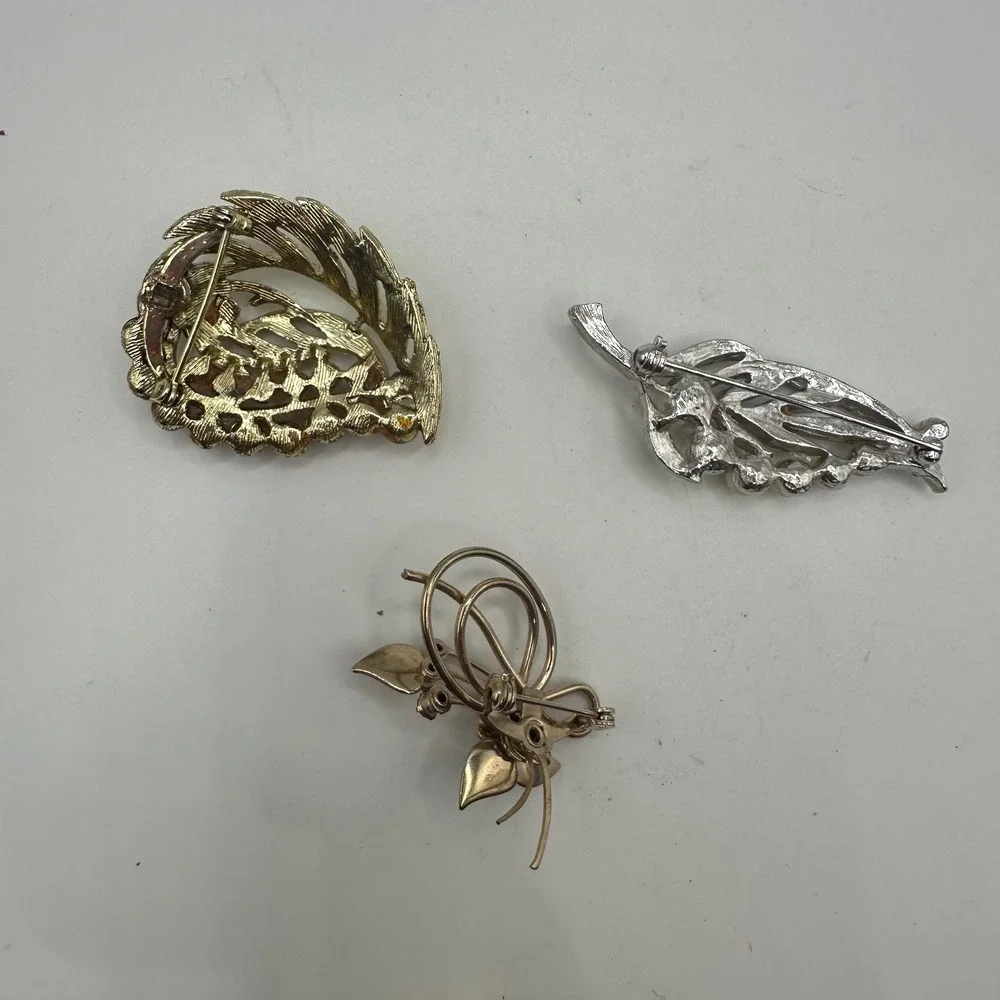 VTG Brooch Lot 3 Faux Pearl Rhinestone Gold Silver Tone Leaf Floral Pins Wedding